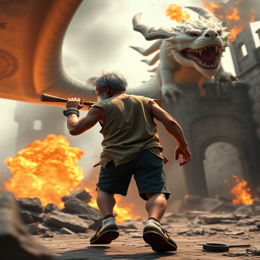Cartoon 3D High-Resolution,dynamic battle scene using Unreal Engine 5 and Octane Render. The scene features back of an elderly, thai man with a beard,messy hair and round golden-rimmed glasses. He is wearing a tattered tank top with soot marks, shorts, and sandals. sweating. he wields a baseball bat. He jump to fight with a white fire-breathing Europe dragon amidst a partially destroyed stone castle. Include intense flames, smoke, and debris to enhance the dramatic effect.