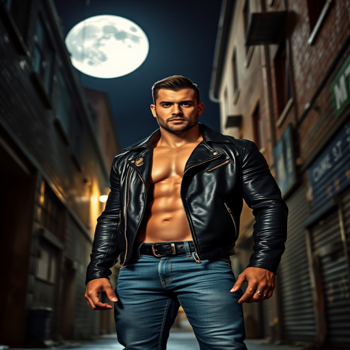 Create a dramatic nighttime scene of a muscular man in a black leather jacket standing confidently in a gritty urban alley, under a large full moon, high contrast lighting, 50mm lens, f/1.8 aperture, ISO 100, long exposure to accentuate the moonlight and shadows, capturing sharp details and vibrant colors.