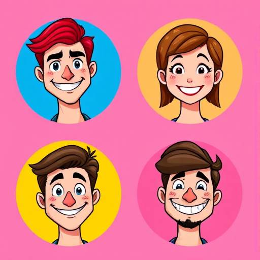 Create an image of four cartoon-style characters in circular frames, showcasing diverse facial expressions: a male with red hair smirking on a blue background, a smiling female with brown hair on a yellow background, a male with brown hair looking serious on a pink background, and a male with a mustache smiling on a purple background, set with a Canon EOS 90D, aperture f/8, ISO 100, 50mm lens, in vibrant colors with high contrast and sharp focus.