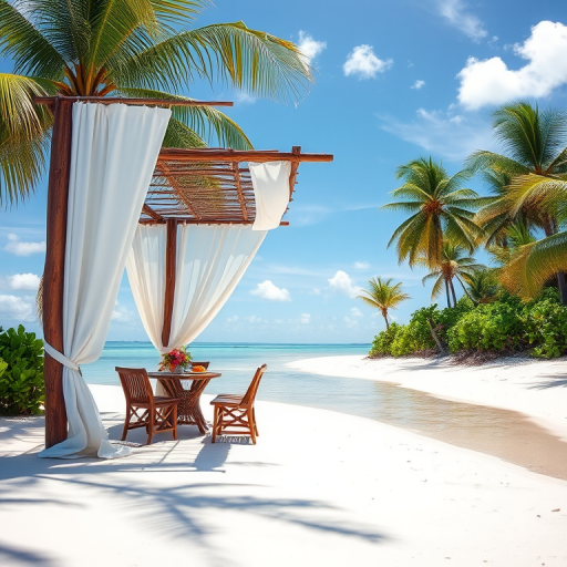 Create a picturesque tropical beach scene featuring a serene, white sandy shore. In the foreground, there's a rustic wooden canopy with white drapes gently flowing in the breeze. Underneath the canopy, a table is set with tropical decor, evoking a sense of relaxation and leisure. The beach extends into a calm, shallow water area with reflections of the sky and surroundings. Palm trees and lush greenery line the edge of the beach, providing a natural, tropical backdrop. The sky is clear with a few scattered clouds, and the overall atmosphere is tranquil and inviting, perfect for a peaceful retreat.