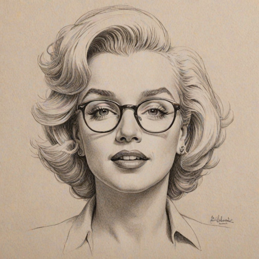 Comely Marilyn Monroe, pencil sketch, portrait of Fetching woman 1977s in glasses, hair style beatnik, outline, clear lines, fine lines, 8k