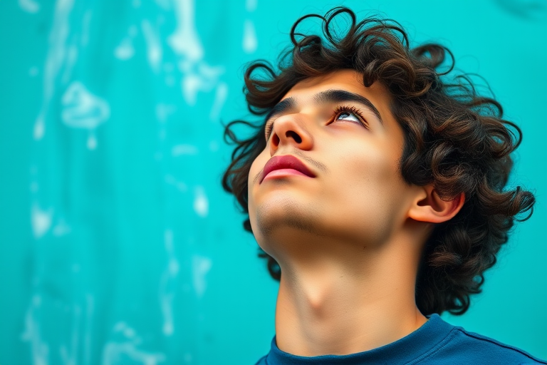 Create a vibrant portrait of a young man with curly hair, looking upwards, against an abstract teal background, using a Canon EOS R5, 85mm lens, f/1.8 aperture, ISO 100, in soft natural lighting with a shallow depth of field and a painterly style.