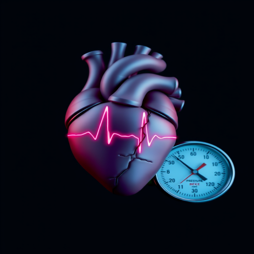 create a high-resolution digital illustration of a heart with an ECG line pulsing through it, alongside a pressure gauge, set against a dark gray background, using a shallow depth of field, 50mm lens, f/1.8 aperture, and ISO 100 for optimal clarity and vibrant colors.