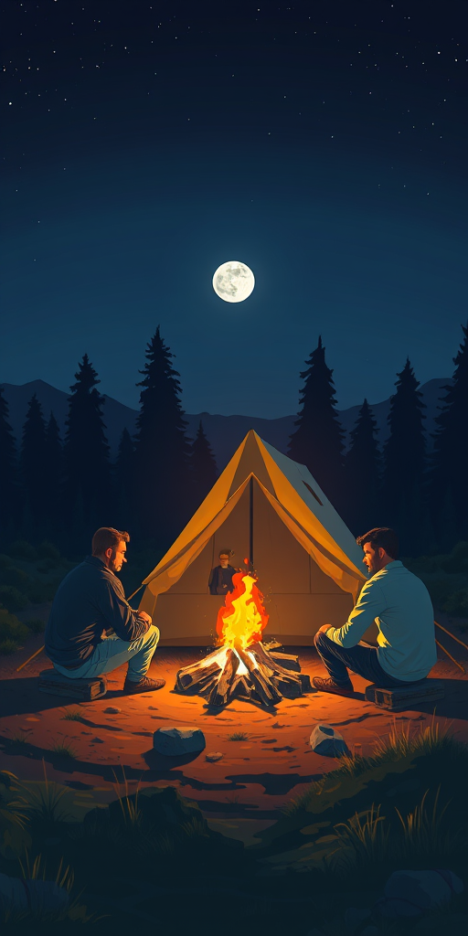 Create an illustration of two men sitting around a campfire in front of a tent at night, with a clear moonlit sky, using a digital painting style, wide-angle lens, f/8 aperture, and high-resolution settings for enhanced image clarity.