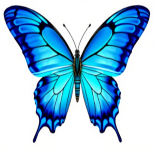 Generate an image of a vibrant blue butterfly with intricate wing patterns and a glossy appearance. The butterfly should be depicted from a frontal view, showcasing its symmetry and vivid colors against a simple background.