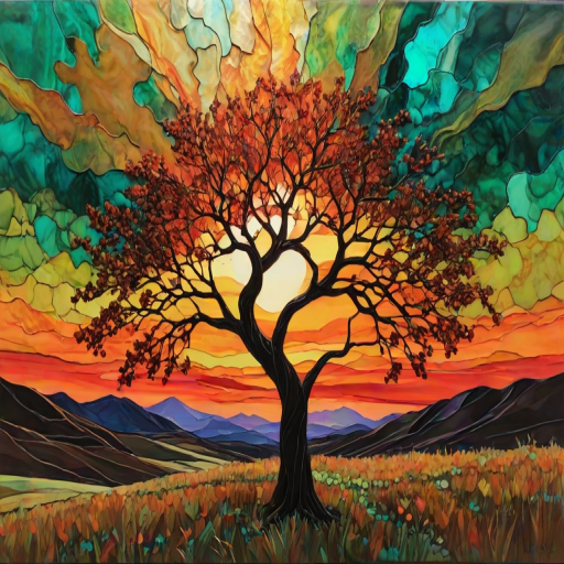 A vibrant abstract painting on Tiffany Glass, blending acrylic and alcohol ink techniques, captures a dramatic sunset over rolling hills. The artwork features a textured, rocky foreground in green and brown, layered abstract hills, and a striking sunset in rich oranges, yellows, and reds. A solitary black tree with intricate branches contrasts against the fiery sky, creating a dynamic and expressive portrayal of a breathtaking natural scene.