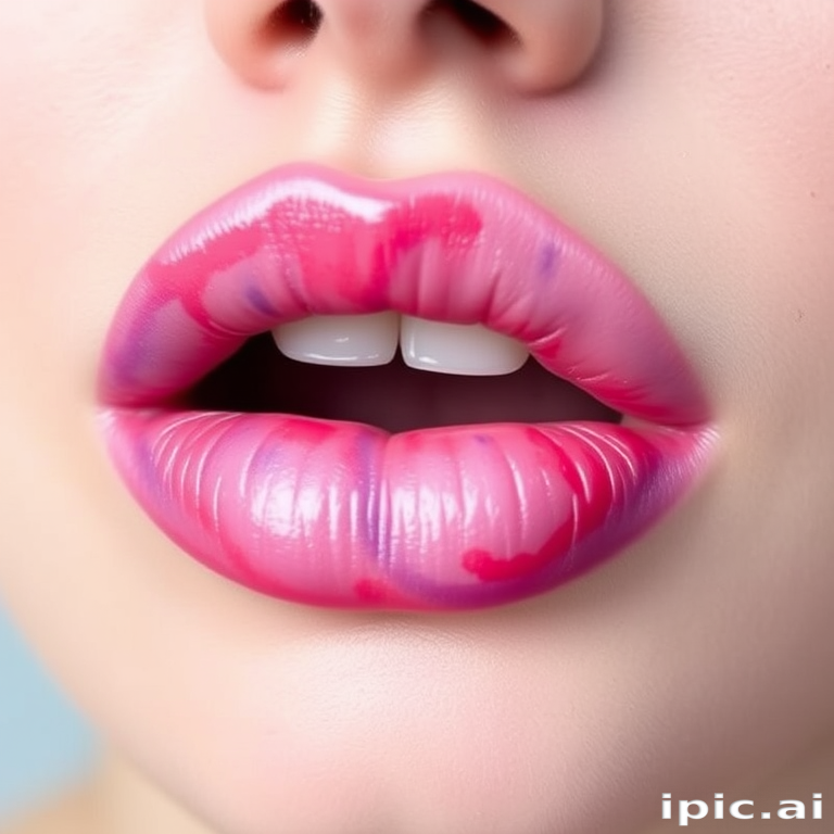 Watercolor-effect lips with soft, blended hues of pink, purple, and blue, creating a dreamy and artistic appearance for a whimsical makeup tutorial