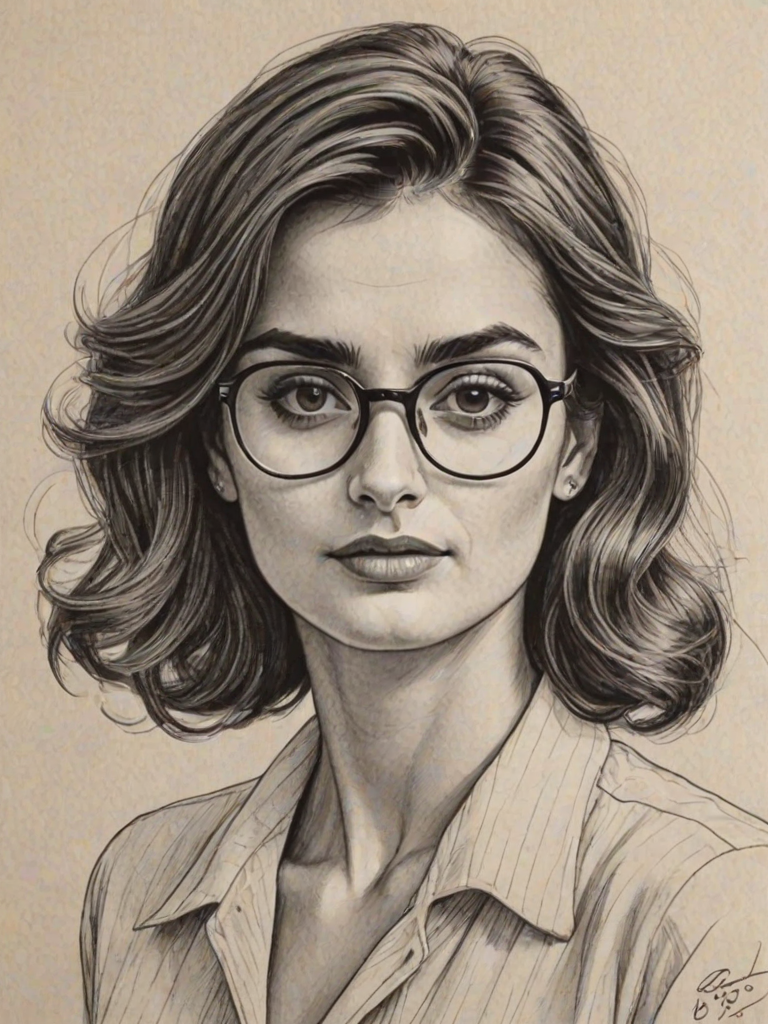 Exquisite Pen'lope Cruz, pencil sketch, portrait of Charming woman 1942s in glasses, hair style beatnik, outline, clear lines, fine lines, 8k