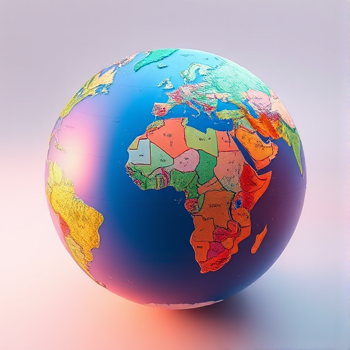 Create a detailed 3D rendering of a globe with a focus on the continents and oceans, using a Canon EOS R5 camera with a 50mm lens, aperture set to f/2.8, shutter speed of 1/125s, ISO 100, shot from a slightly elevated angle to highlight the curvature, with vibrant colors and smooth shading for realism.