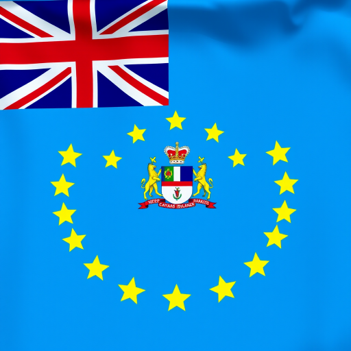 Create an image of the flag of the Cayman Islands featuring a blue background with a Union Jack in the top left corner and the Cayman Islands coat of arms in the center, captured with a Canon EOS 5D Mark IV, 50mm lens, f/8 aperture, ISO 100, in bright daylight for enhanced clarity and color vibrancy.