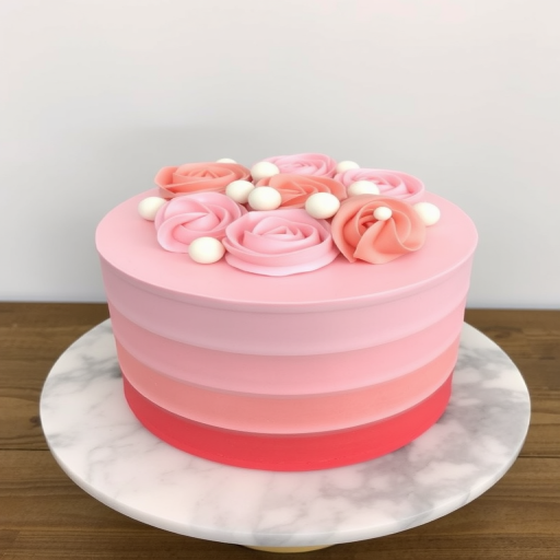 A beautifully decorated cake with a smooth pink ombre frosting design featuring swirls of light pink and coral rosettes on top along with small dollops of white frosting, placed on a round marble cake stand.