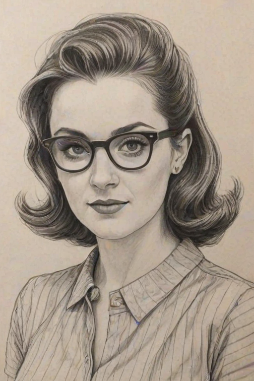 Fetching Sophie McShera, pencil sketch, portrait of Radiant woman 1958s in glasses, hair style beatnik, outline, clear lines, fine lines, 8k