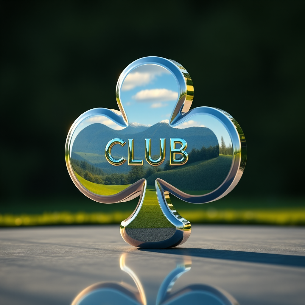 create a highly reflective 3D rendering of a club symbol with a scenic landscape reflected on its surface, use a Canon EOS R5 camera with a 50mm lens, aperture set to f/1.8 for a shallow depth of field, shooting from a low angle to capture the vivid details and enhance clarity, with soft natural lighting for a more dynamic and visually striking image.