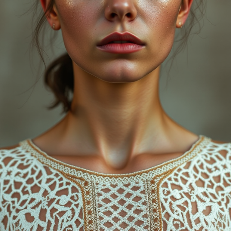 Face, shoulders, chest covered in openwork Coptic embroidery. Raw, unedited image.