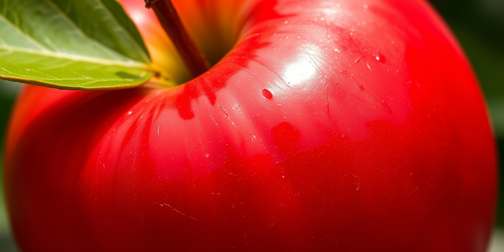 Create a highly detailed digital illustration of a vibrant red apple with a shiny surface and a green leaf, captured in a macro shot using a DSLR camera with a 50mm lens, aperture set to f/1.8, shutter speed at 1/200s, ISO 100, and with natural lighting to enhance texture and color saturation.
