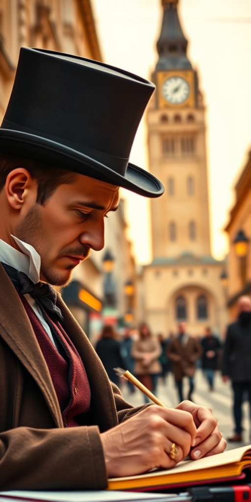 Create an image of a Victorian gentleman in a top hat, focused on writing with a quill, surrounded by a bustling city street scene in the background, with a large clock tower, warm evening light, captured with a DSLR camera set to f/2.8, ISO 100, 50mm lens, in a shallow depth of field to enhance subject focus and bring out rich color details.