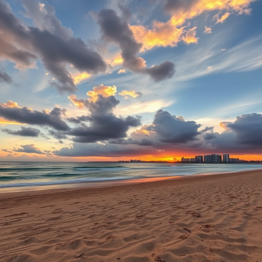 Capture a serene beach scene at sunset with dramatic clouds and a city skyline in the background, using a Canon EOS 5D Mark IV, ISO 100, aperture f/8, shutter speed 1/125s, wide-angle view, natural lighting, and HDR style for enhanced detail.