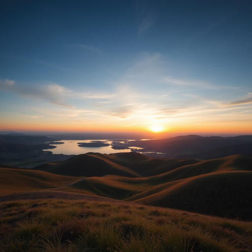 Generate a detailed image of a serene landscape featuring rolling hills, a calm lake reflecting the sky, and a sunset in the background, taken with a DSLR camera at f/8 aperture, ISO 100, 1/200 sec shutter speed, in landscape orientation with a wide-angle lens for depth of field.