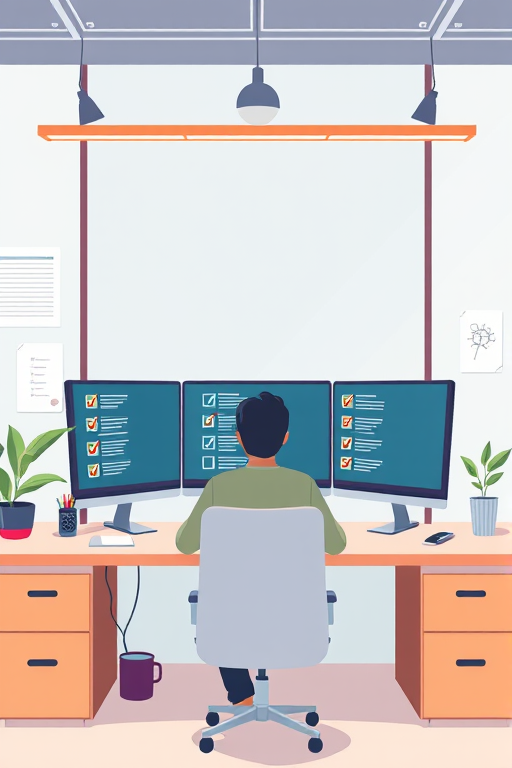 A modern workspace illustration featuring a person sitting at a desk in front of a computer with multiple screens displaying checklists, optimizing for vibrant colors and clarity, camera settings: f/8, ISO 100, shutter speed 1/60s, camera view: eye-level, camera style: digital illustration, camera type: DSLR.