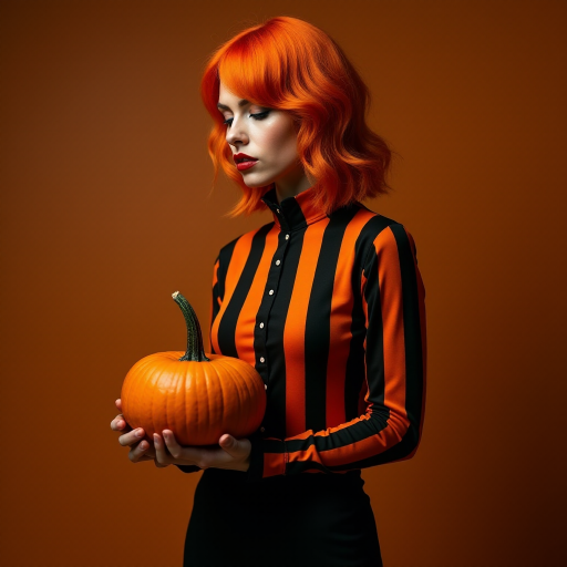 beautiful woman in orange and black Halloween colors, stripes. striking. pumpkin on shirt. I'm orange hair. full body. side shot holding pumpkin