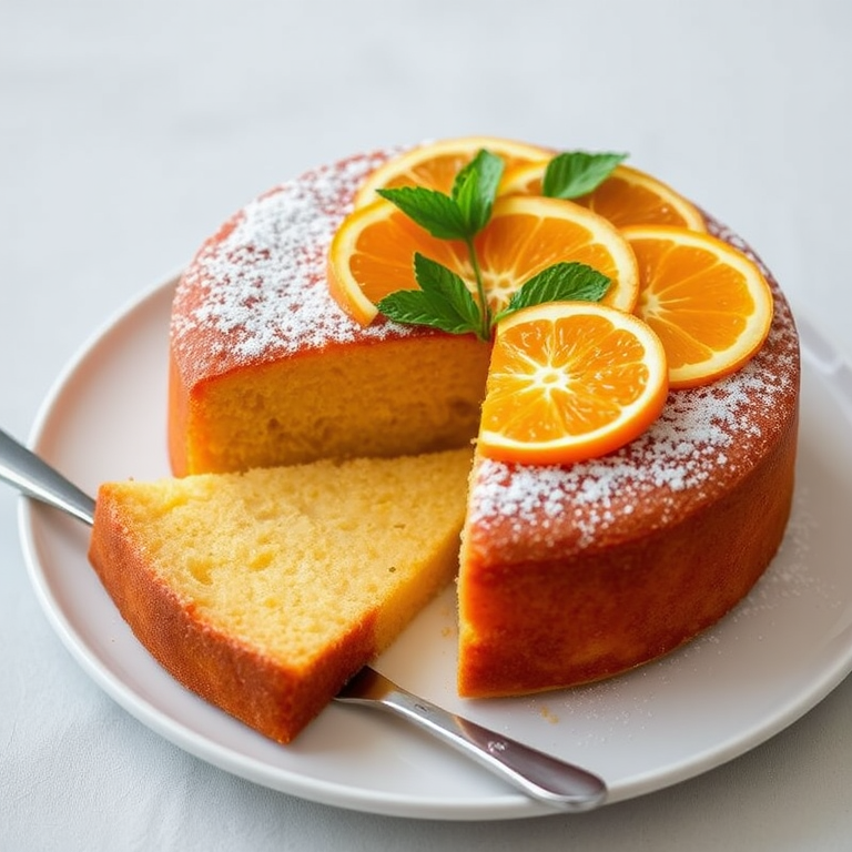 A round orange cake topped with fresh orange slices and mint leaves, dusted with powdered sugar, with a slice cut out and a cake server beside it on a white plate, with a soft background.