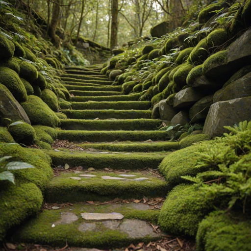 a set of weathered stone stairs covered in green moss and small plants, leading upwards in a natural outdoor setting with soft lighting