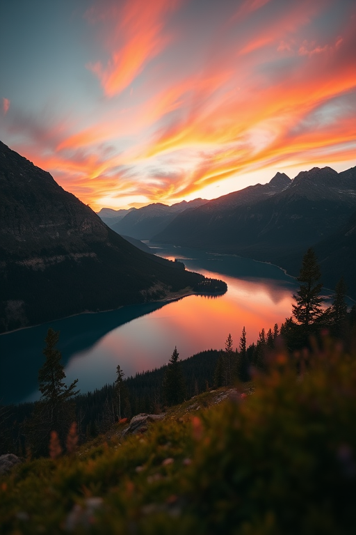Generate a high-quality image of a serene landscape featuring mountains and a lake at sunset with vibrant colors, captured with a DSLR camera at f/8 aperture, ISO 200, 50mm lens, shot from a low angle view to enhance foreground detail.