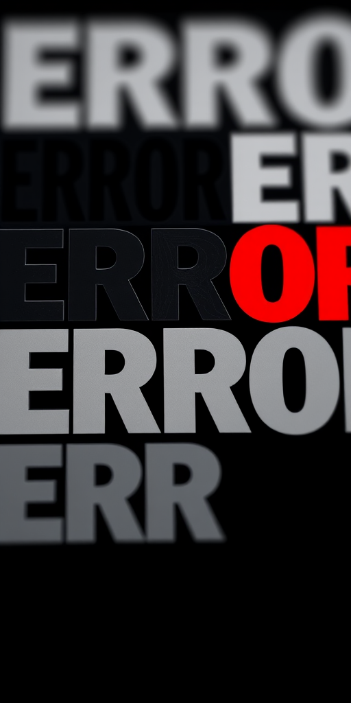 Generate a high-resolution image with the word "ERROR" in various fonts and sizes, predominantly in black and gray, with one instance in bright red, using a shallow depth of field, shot with a DSLR camera at f/2.8, ISO 100, and a shutter speed of 1/125 seconds, with a top-down view and soft lighting to enhance contrast and clarity.