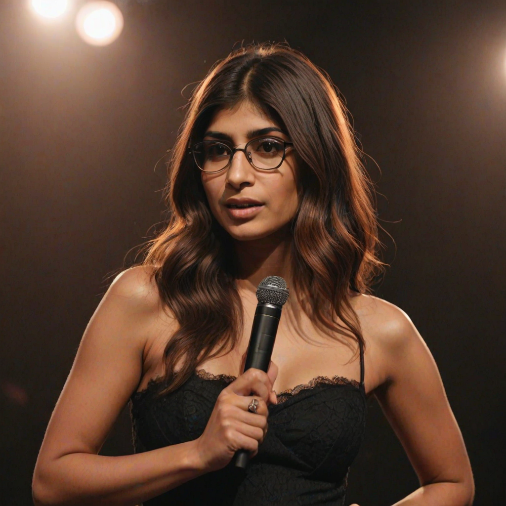 mia khalifa with long, flowing brown hair is standing in the center of the frame, holding a microphone in her right hand, and looking slightly off to the right side of the frame. She is wearing a black, off-the-shoulder dress with delicate lace detailing. The lighting is warm and dramatic, creating a spotlight effect on the singer. There are other figures in the background, blurred and out of focus, suggesting a concert or performance setting. The camera angle is low, capturing the woman from the waist up. The overall atmosphere is intimate and captivating.