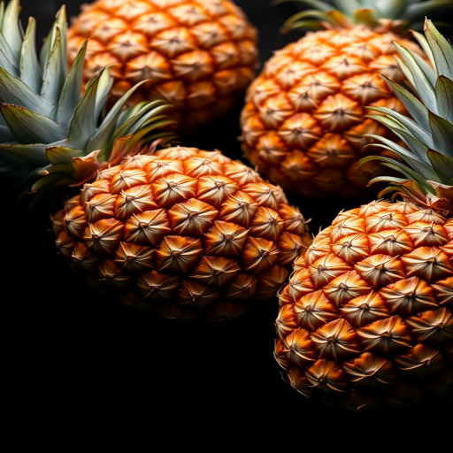 Pineapples on a black background, high contrast, macro view, f/2.8, ISO 100, 1/100s exposure, DSLR camera, softbox lighting.