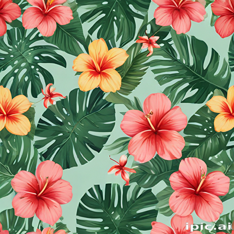 Vibrant Tropical Floral Pattern Featuring Colorful Hibiscus and Lush ...