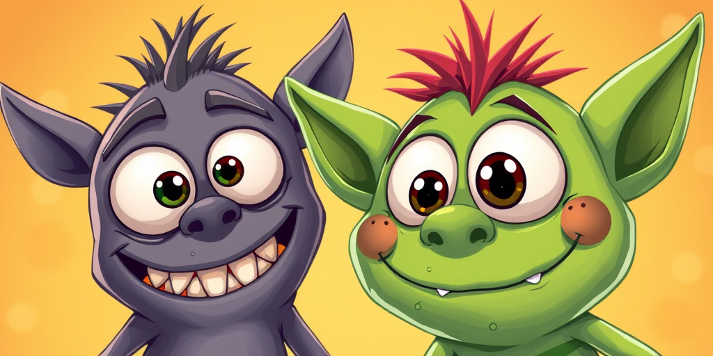 Create a vibrant illustration of two cartoon monsters with large eyes, one green with pointed ears and an expression of calmness, and one gray with rounded features, slightly open mouth, and spiky hair, using a digital art style, shot in a close-up view, with a high resolution of 300 DPI to enhance clarity and detail.