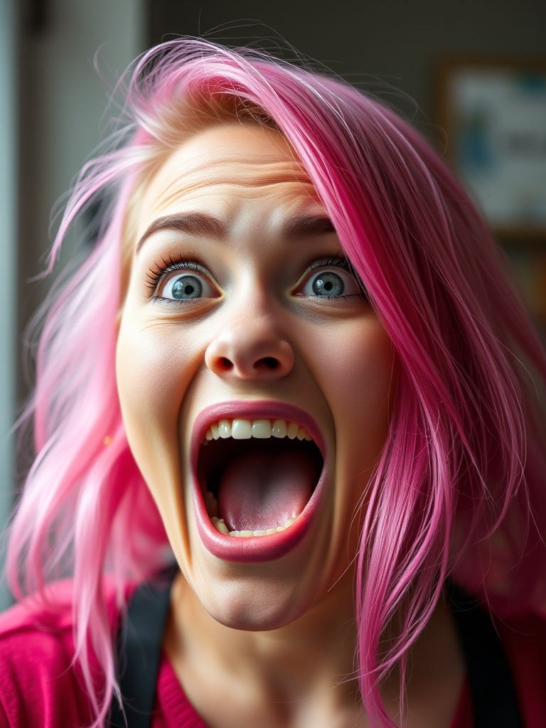 portrait of a surprised woman with pink hair and wide open mouth, 50mm lens, f/1.8 aperture, ISO 100, natural light, shallow depth of field, Canon DSLR