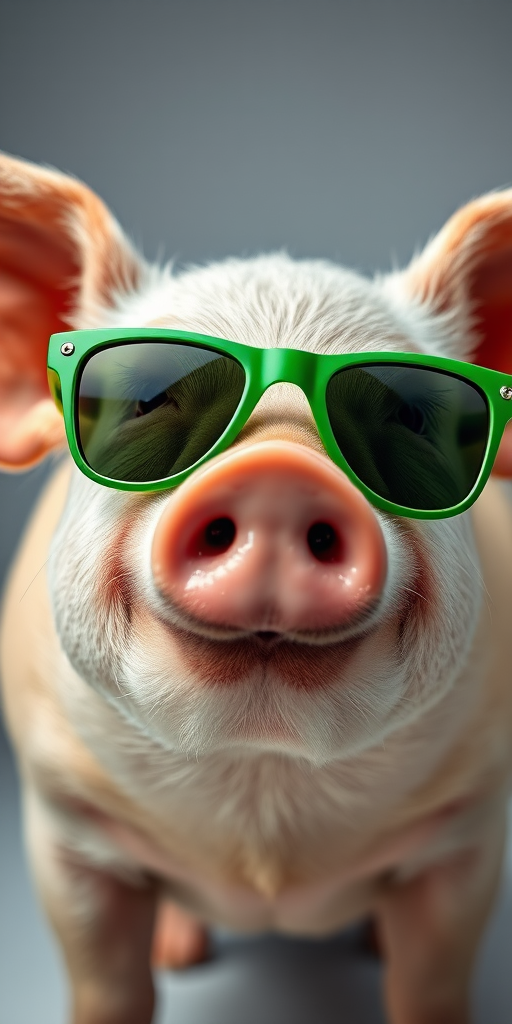 A cool pig wearing green sunglasses with a playful expression, close-up view, f/2.8 aperture, ISO 100, 50mm lens, soft lighting, studio style photography.