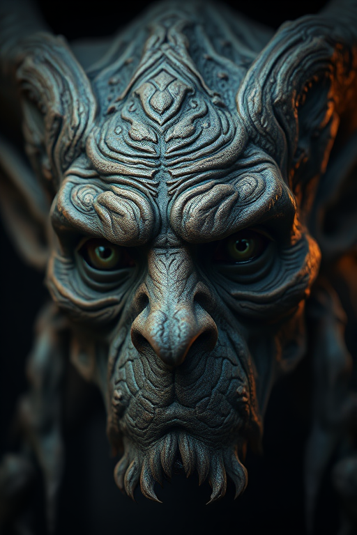 Create a highly detailed portrait of an otherworldly creature with a textured face, reflecting wisdom and age, set against a dark background with ethereal glow effects, captured with a Canon EOS R5, 85mm lens, f/1.2 aperture, ISO 100, in soft focus for enhanced depth, with dramatic lighting to accentuate facial features and textures.