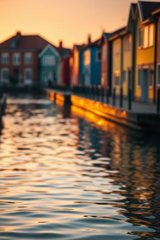 Soft-focus image of a row of colorful houses along a quiet canal at sunset, soft golden light reflecting off the water, with gentle ripples creating a sense of calm and serenity.
