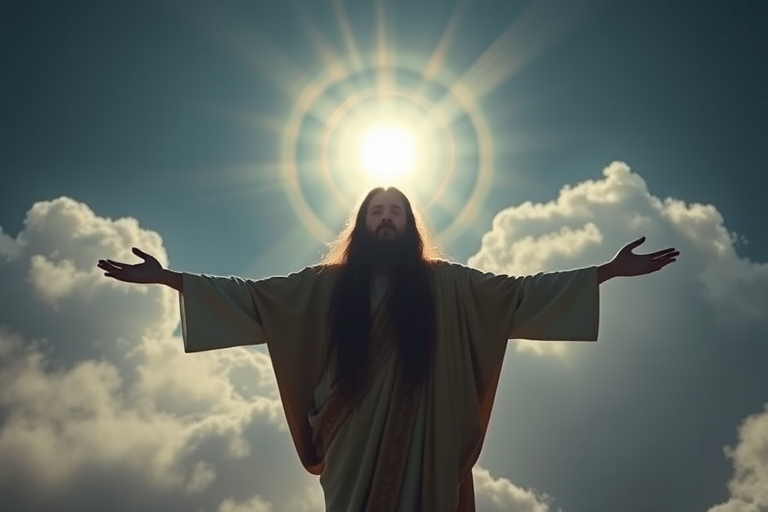 Create a highly detailed artistic depiction of a serene figure with long hair and a robe, standing with arms outstretched amid a radiant halo and soft clouds, captured with a Canon EOS R5 at f/1.8, ISO 100, 1/200s, using a cinematic style with dramatic lighting and high dynamic range.