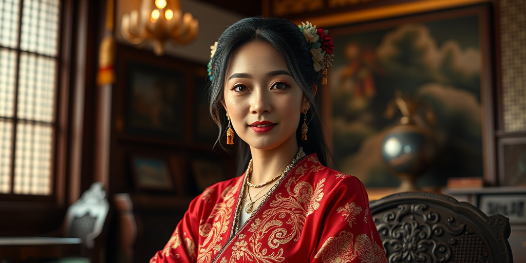 A beautiful Pacific Islander woman in traditional East Asian attire, intricately detailed with embroidered patterns, sitting gracefully in a richly decorated room, soft ambient lighting, serene and elegant, ultra-realistic, 8K resolution