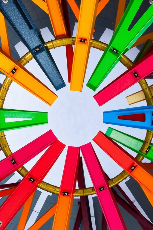 Create a vibrant circular pattern made of interlocking colorful metal beams, captured with a DSLR camera at f/8, 1/250s, ISO 200, with an overhead view and a wide-angle lens for depth and clarity.