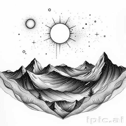 Dot work "Cosmic Topography" tattoo illustration depicting abstract landscapes and otherworldly terrain using meticulous stippling techniques to create depth texture and ethereal atmospheric effects