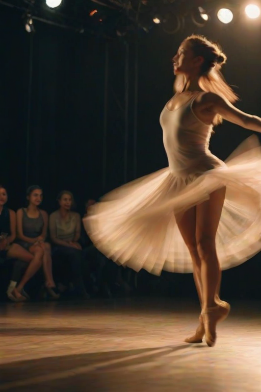 Blurry action shot of a dancer spinning on stage, their body a blur of motion, soft spotlight illuminating their form, the crowd watching in silence, the sound of soft music playing in the background, shadows cast on the floor from the stage lights.