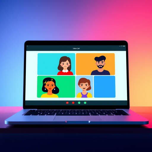 Create a digital illustration of a laptop screen displaying a video call with six stylized avatars in a grid layout, featuring vibrant backgrounds in four colors, with soft lighting and a modern design, using a high-resolution setting at 300 DPI, wide-angle view with a shallow depth of field, captured in a digital art style with vector graphics.