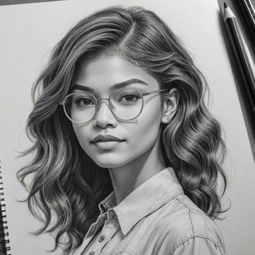 Attractive Zendaya, pencil sketch, portrait of Gorgeous woman 1965s in glasses, hair style beatnik, outline, clear lines, fine lines, 8k