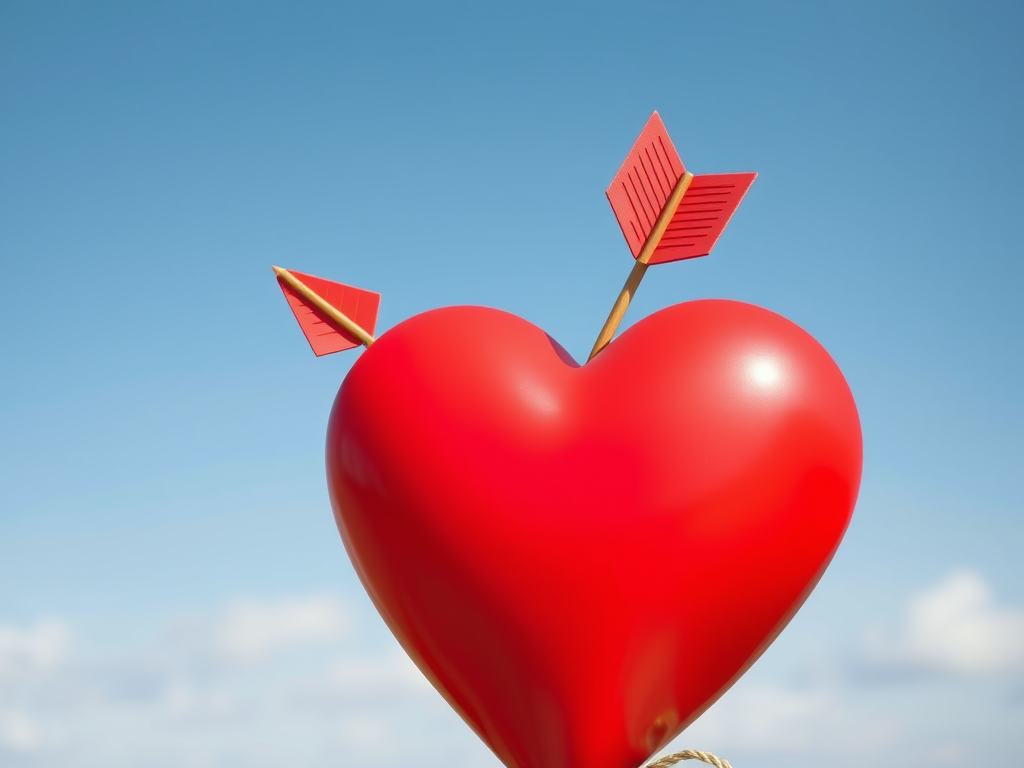 Create a vibrant cartoon-style image of a large red heart with an arrow pierced through it, using a shallow depth of field, shot with a Canon EOS 90D at f/2.8, ISO 100, in natural light, capturing the image from a frontal view with a slight tilt to enhance depth.