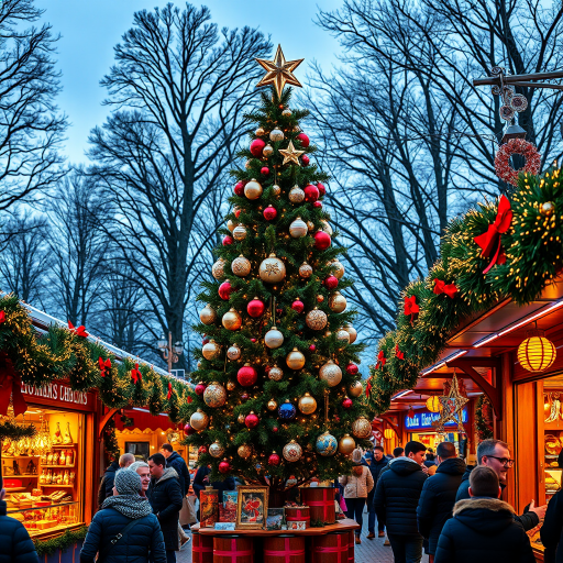 Generate an image of a festive Christmas market scene. Include a beautifully decorated Christmas tree with shiny ornaments and a star on top. Surround the tree with colorful market stalls adorned with lights and holiday decorations. Capture the vibrant atmosphere with shoppers enjoying the festivities.