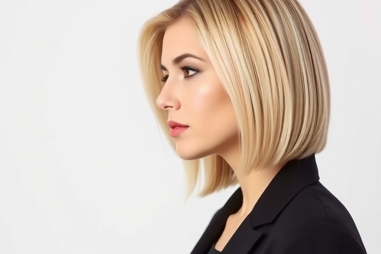 Generate a high-resolution image of a woman with shoulder-length blonde hair styled in a sleek bob, wearing a black blazer, captured in profile with a shallow depth of field at f/1.8, 50mm lens, ISO 100, soft studio lighting, and a clear white background for enhanced detail and focus.