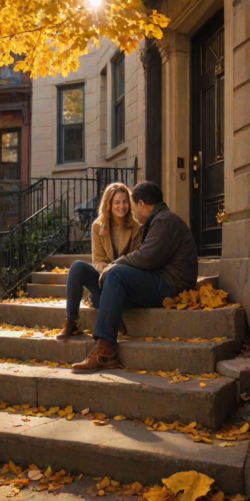 Warmly lit image of a couple sitting on the steps of an old brownstone, soft golden light from the setting sun casting long shadows, with vibrant autumn leaves scattered on the sidewalk.
