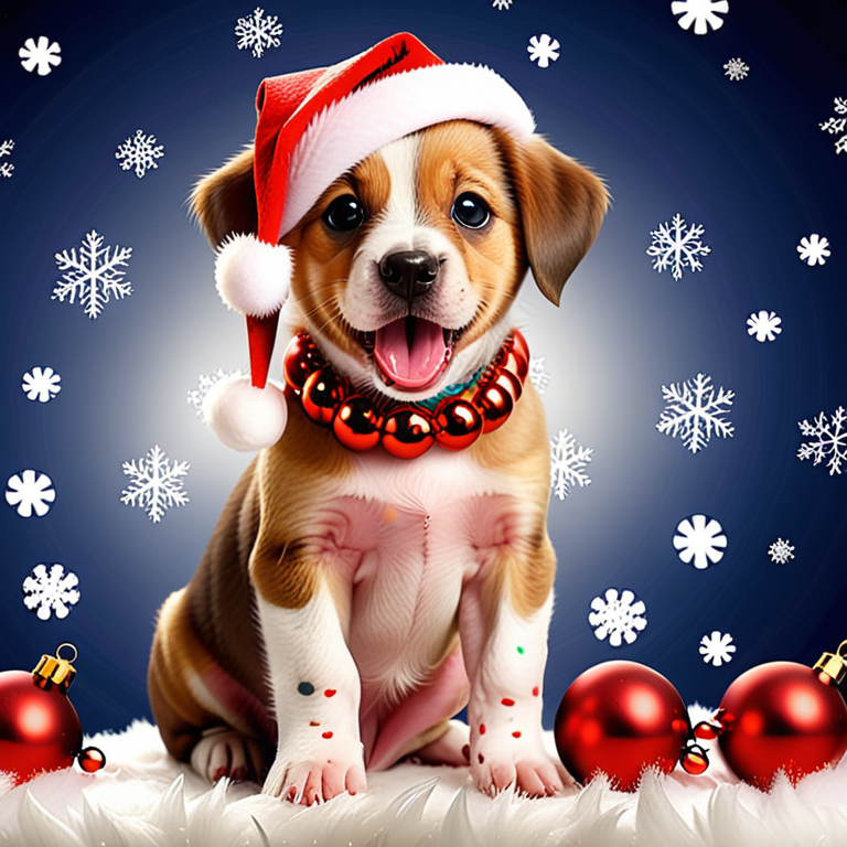 Adorable Puppy in Santa Hat Surrounded by Festive Christmas Decorations