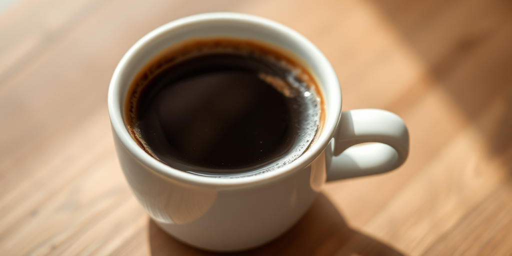 aerial view of a white coffee cup filled with dark coffee, creamy foam on top, soft natural lighting, aperture f/2.8, shutter speed 1/60s, ISO 100, DSLR camera, depth of field focused on the cup