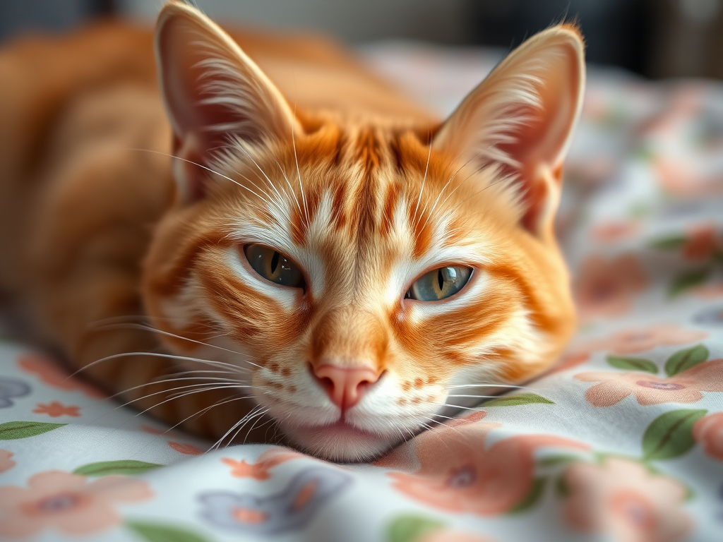 A close-up photograph of a relaxed orange cat lying on a floral-patterned blanket, natural light, using a DSLR camera with a 50mm lens at f/2.8, ISO 200, shutter speed 1/125 sec, focused on the cat's face with a soft bokeh background.